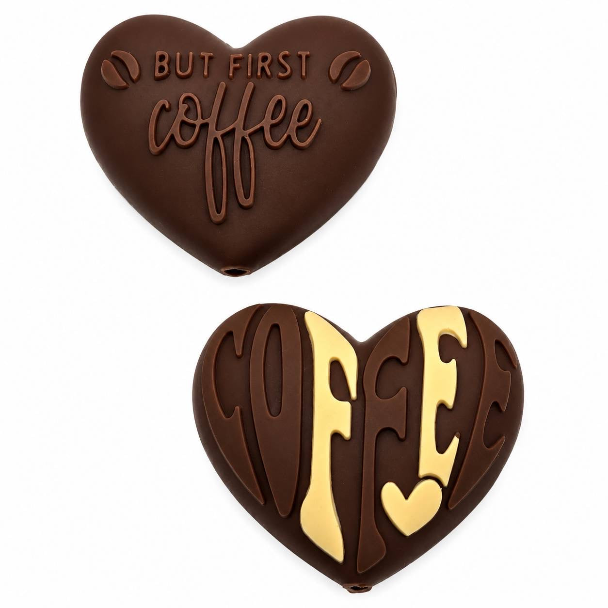 Brown heart But First Coffee focal bead with double-sided coffee design
