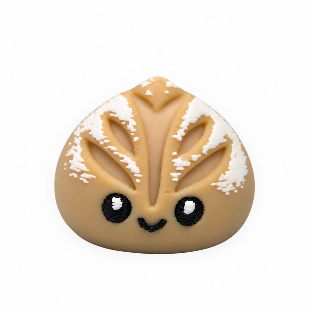 Sourdough Sweetie 3D printed bead shaped like a golden-brown sourdough bread loaf with flour-dusted crust, decorative bread scoring, black eyes, and a cute smiling face.