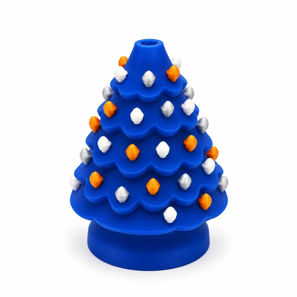 Winter Blitz blue 3D printed Christmas tree bead with orange, white and silver ornaments, perfect for holiday beadable crafts.
