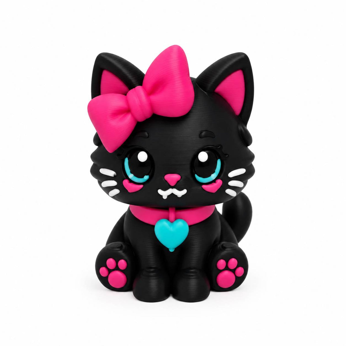 Midnight Sweetheart Kitty black cat 3D printed bead with oversized hot pink bow, turquoise eyes, pink paw pads and turquoise heart collar charm.