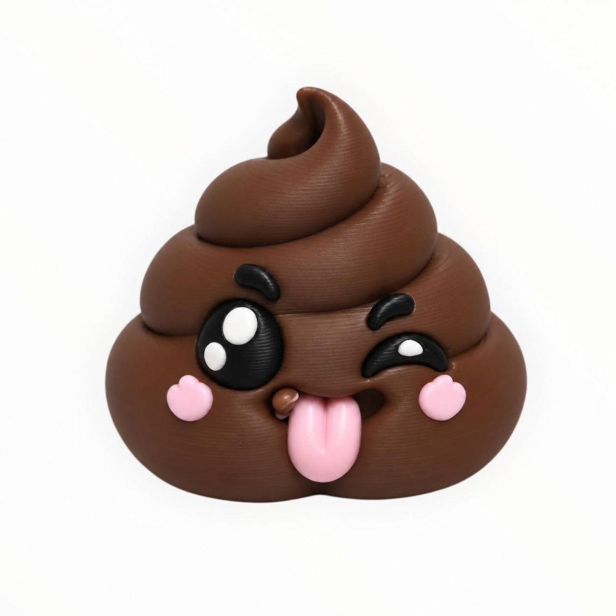 Little Stinker 3D printed poop emoji bead featuring a brown swirled poop design with one large sparkling eye, a playful wink, pink cheeks, and a tongue sticking out.
