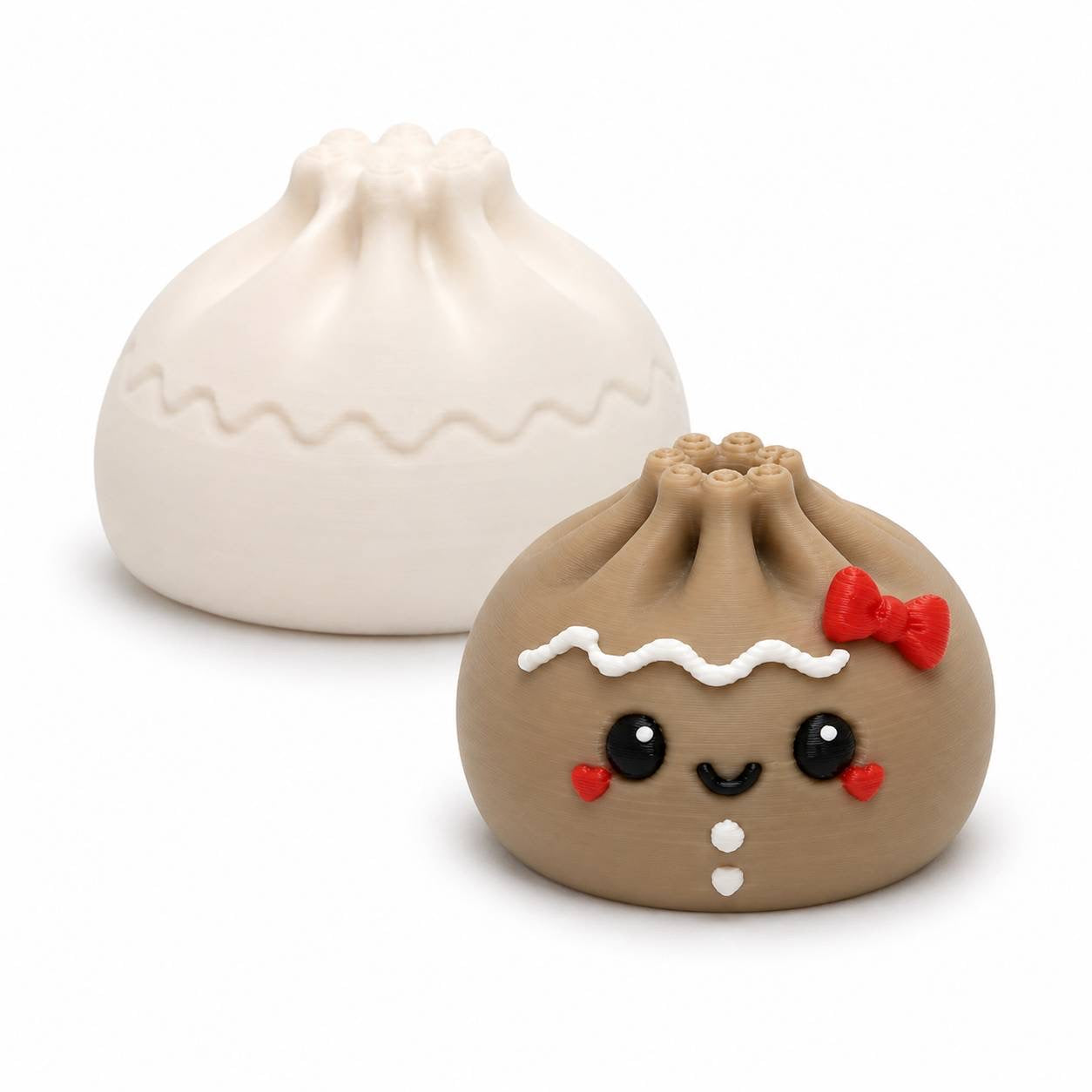 Gingerbread Girl Mini Dumpling 22mm 3D printed bead with red bow shown beside Original Dumpling for size comparison
