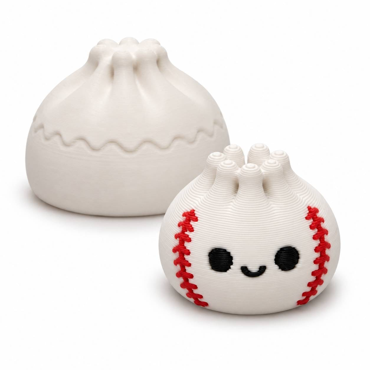 White Baseball Mini Dumpling 22mm 3D printed bead with red stitching shown with Original Dumpling for size comparison