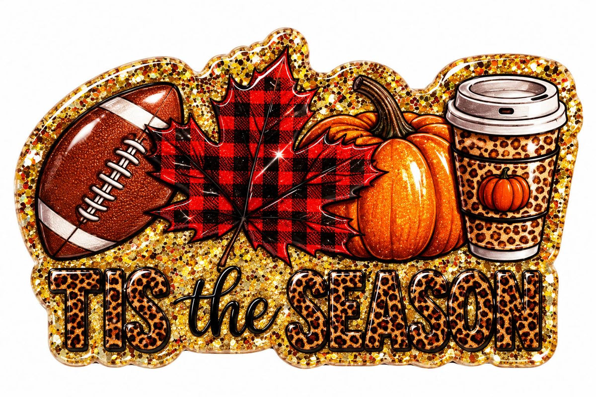 Tis the Season fall acrylic flatback with football, red and black buffalo plaid maple leaf, orange pumpkin, leopard print coffee cup, gold glitter-style background and leopard lettering.