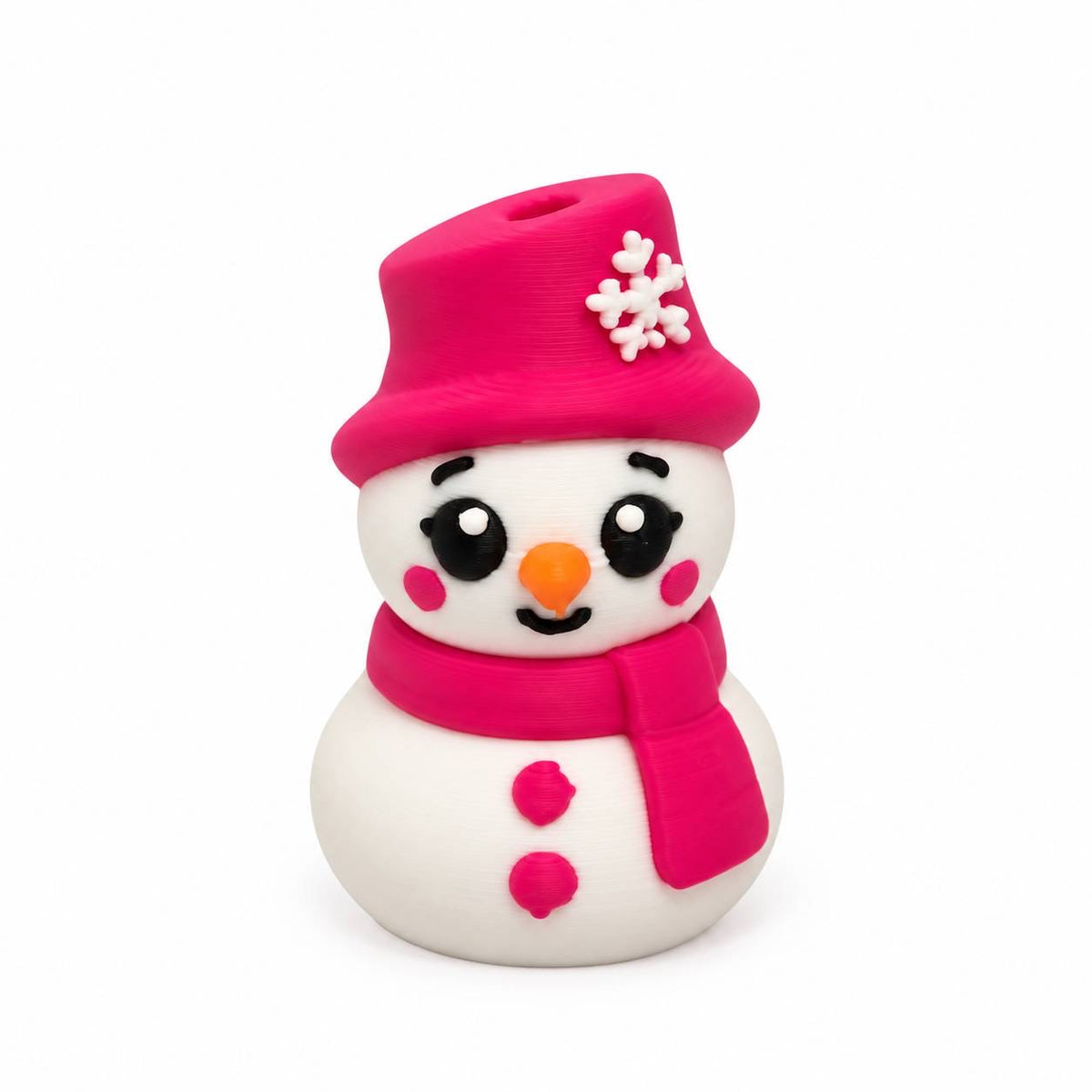 Frosty Pink Kisses white 3D printed snowman bead with hot pink top hat, white snowflake, matching pink scarf, orange carrot nose and rosy cheeks.