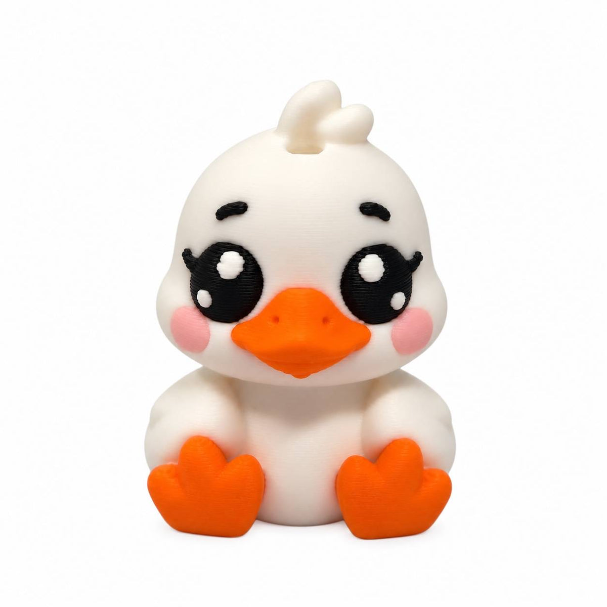 Ducky Darling 3D printed duck bead featuring a cute white sitting duck with large black eyes, pink cheeks, orange beak, and bright orange webbed feet.