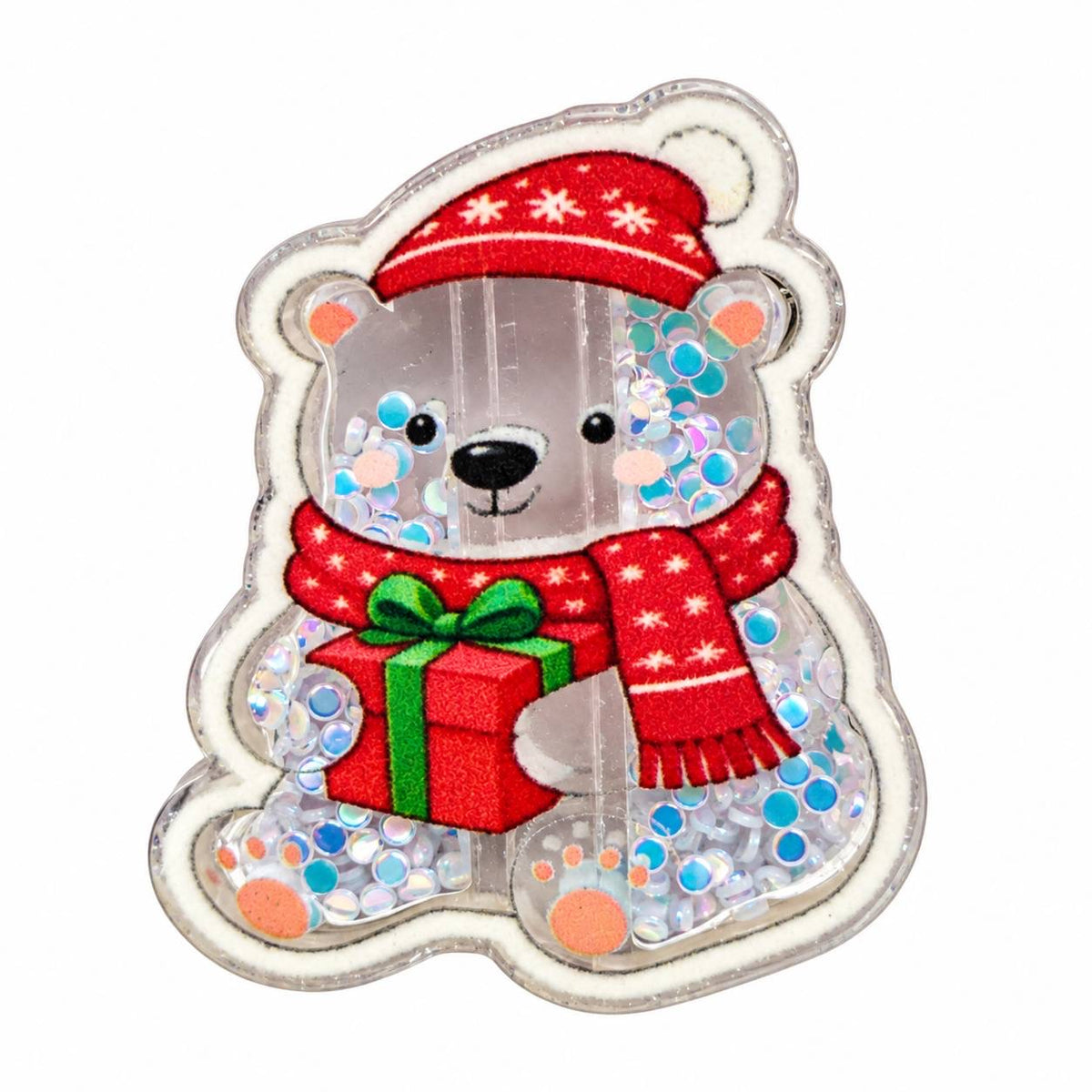 Cute Christmas bear acrylic flatback with red Santa hat, snowflake scarf, red gift with green bow, rosy cheeks, and sparkling blue and white confetti accents
