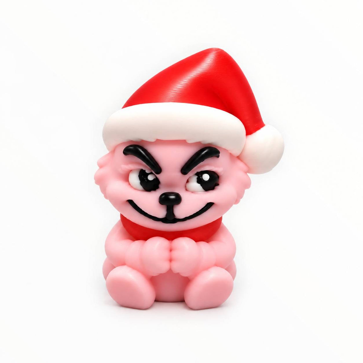 Merry Mischief pink 3D printed holiday character bead wearing a red and white Santa hat