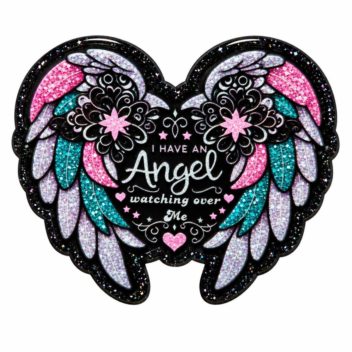 Angel Watching Over Me acrylic flatback featuring pink turquoise lavender and silver glitter-style angel wings with memorial message on black background