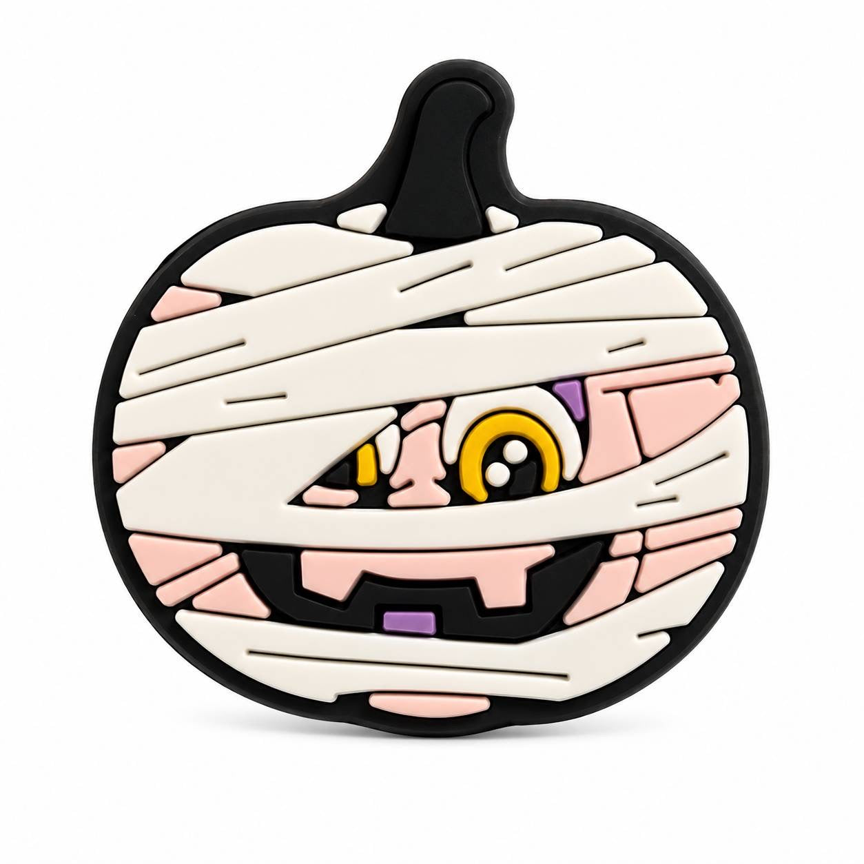 Halloween pumpkin mummy focal bead featuring a wrapped jack-o'-lantern with one eye peeking through bandages.