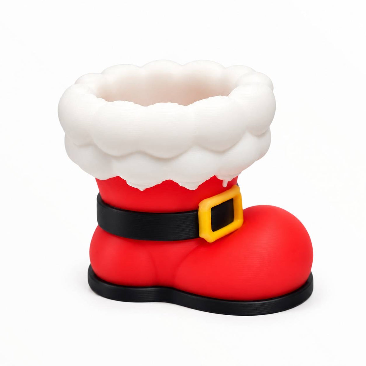 Santa's Little Boot 3D printed Christmas bead featuring a red Santa boot with white fluffy trim, black belt, and gold buckle.