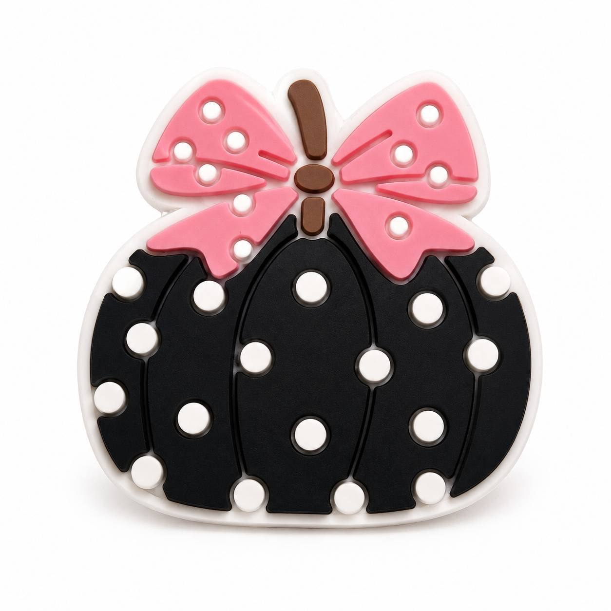 Black polka dot pumpkin focal bead with a pink bow, perfect for Halloween and fall crafts