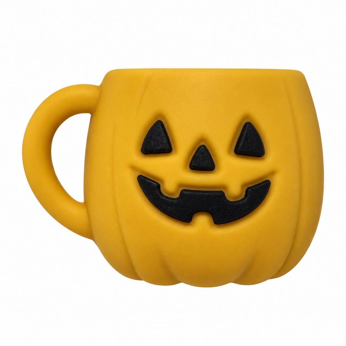 Jack-O-Latte Halloween silicone focal bead featuring a golden-orange pumpkin-shaped mug with a handle and a black jack-o'-lantern face.