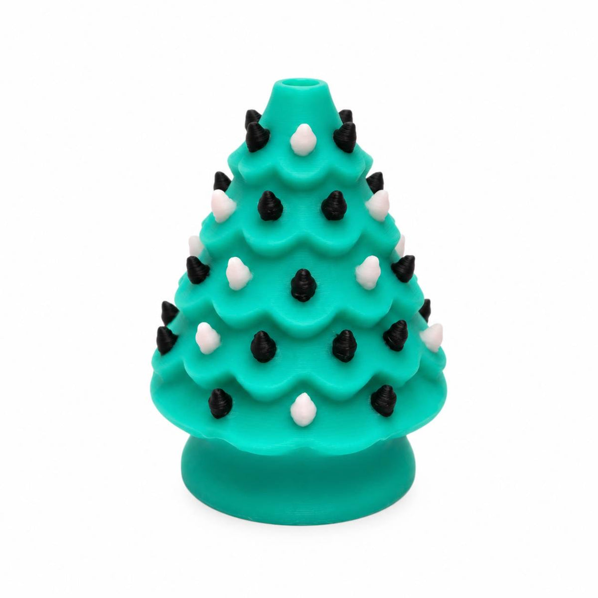Teal Tidings 3D printed Christmas tree bead featuring a vibrant turquoise teal tree with layered branches, black and white ornaments, and a matching rounded tree base.