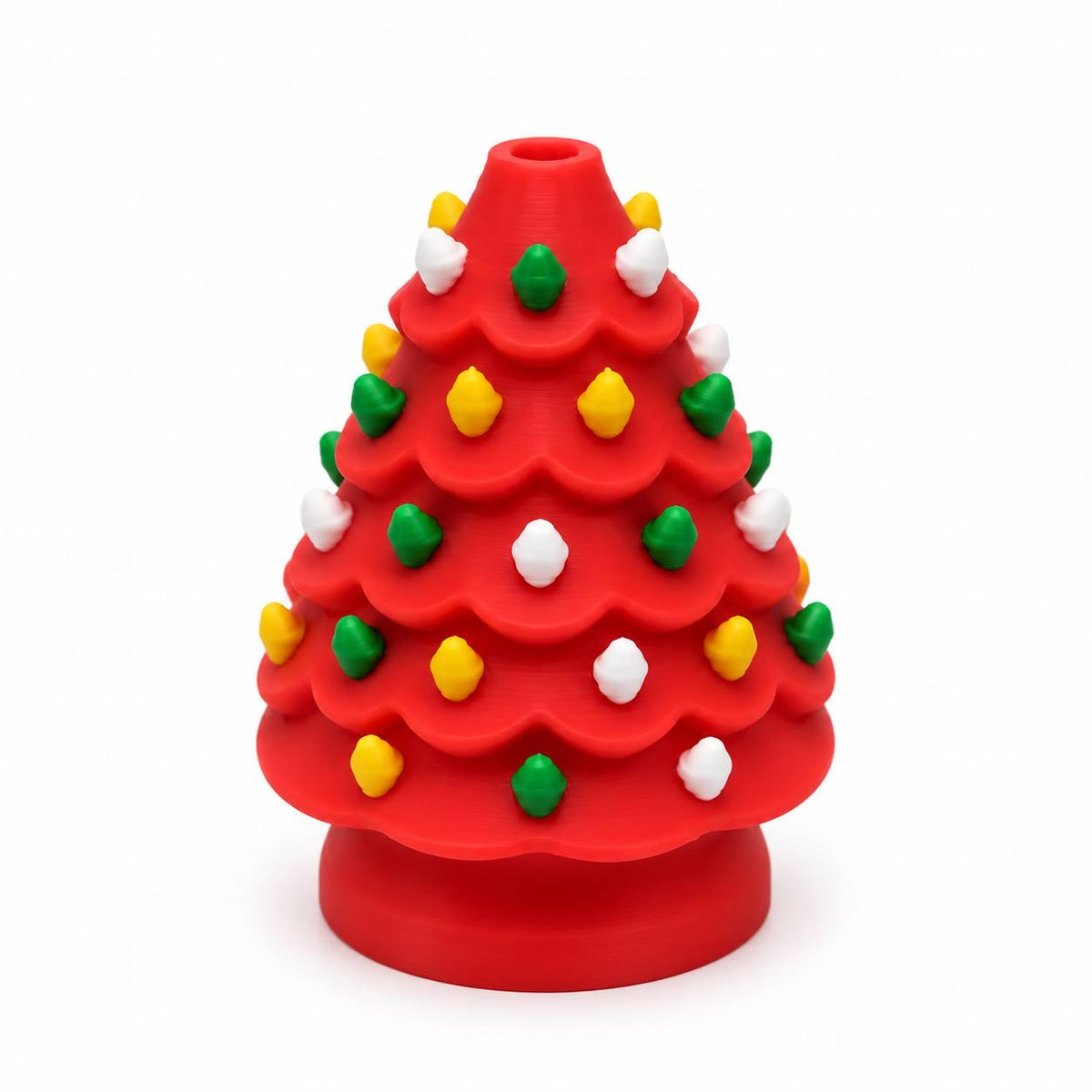 Merry & Bright red 3D printed Christmas tree bead decorated with green, yellow and white ornaments for holiday crafting.