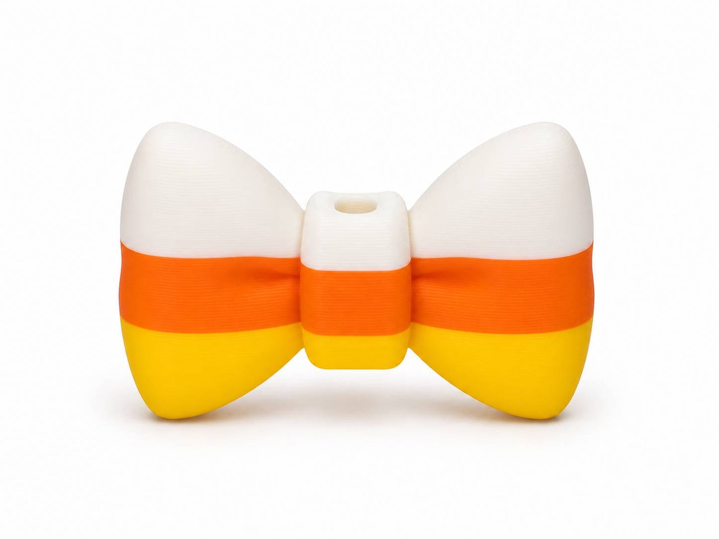 Candy Corn 3D printed bow in white, orange, and yellow by Bailey's Beads for decorating Pen Palz, badge reels, keychains, and Halloween DIY crafts.