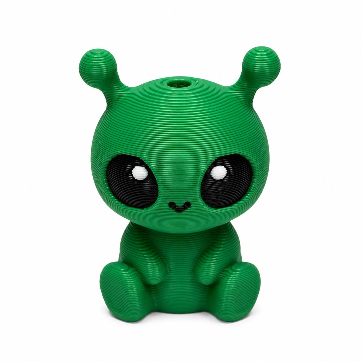 Green Orbit Alien Pen Palz 3D printed bead with cute kawaii eyes and antennae by Bailey's Beads for beadable pens, keychains, badge reels, and DIY crafts.