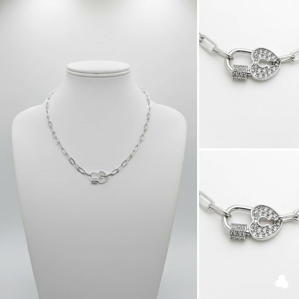 Silver Heart Lock Paperclip Chain Necklace
