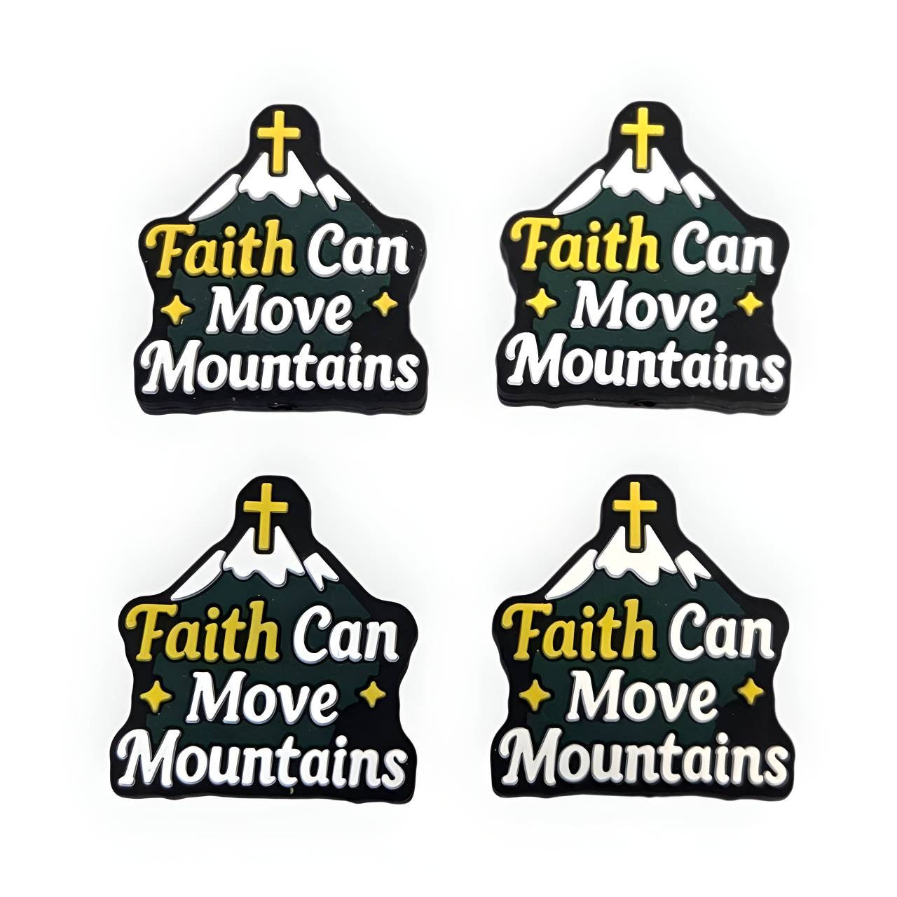 Four 'Faith Can Move Mountains' focal bead with mountain and cross designs on a white background.