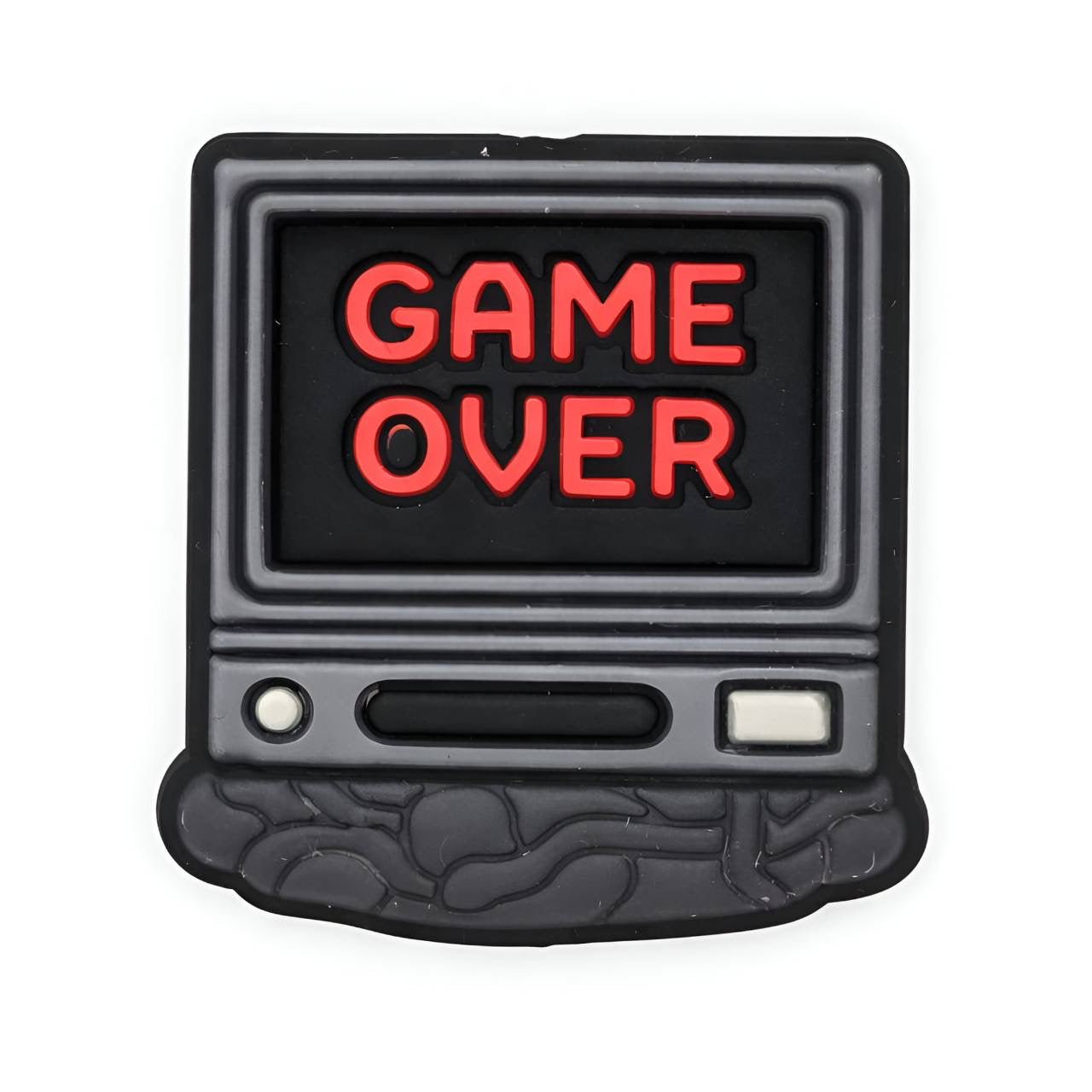 Retro gaming silicone focal bead featuring a vintage computer monitor displaying the words "Game Over," custom designed by Bailey's Beads.