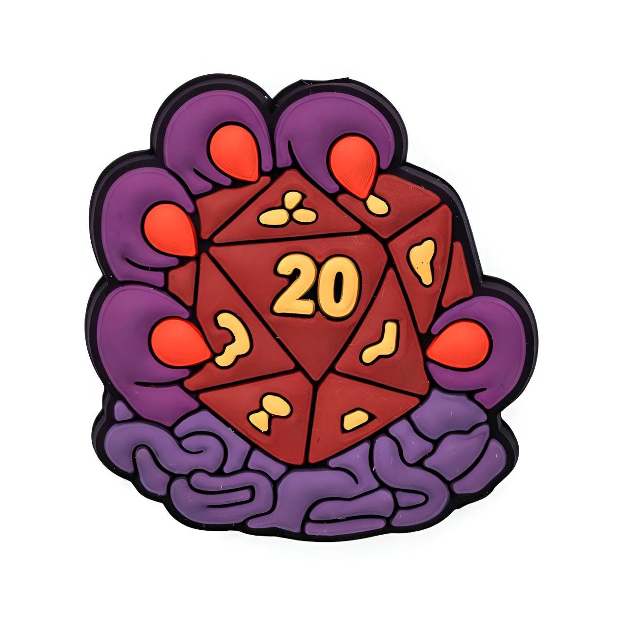 Critical Roll silicone focal bead featuring a twenty-sided gaming die surrounded by purple tentacles, custom designed by Bailey's Beads.
