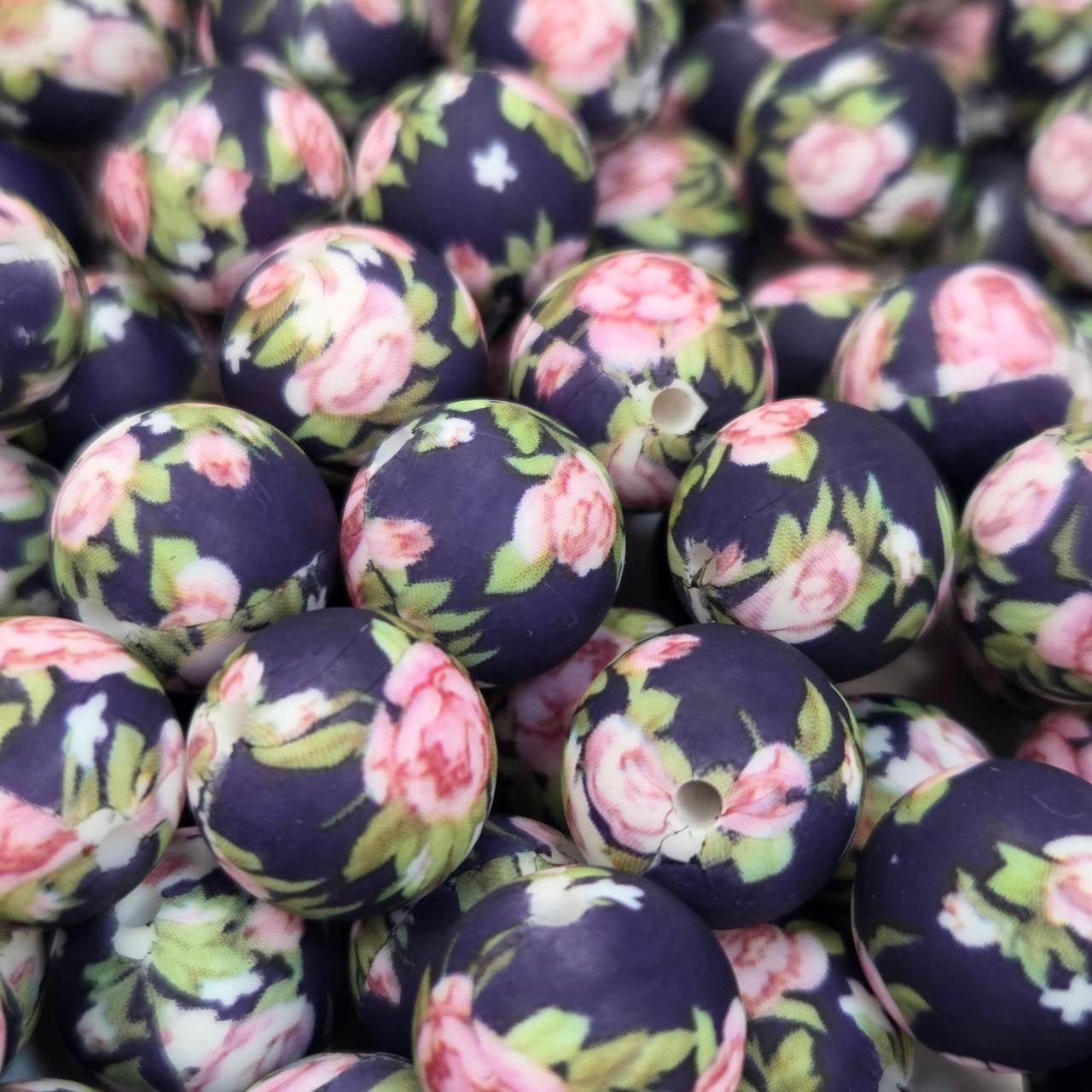 Midnight Rose Garden 15mm Printed Silicone Beads