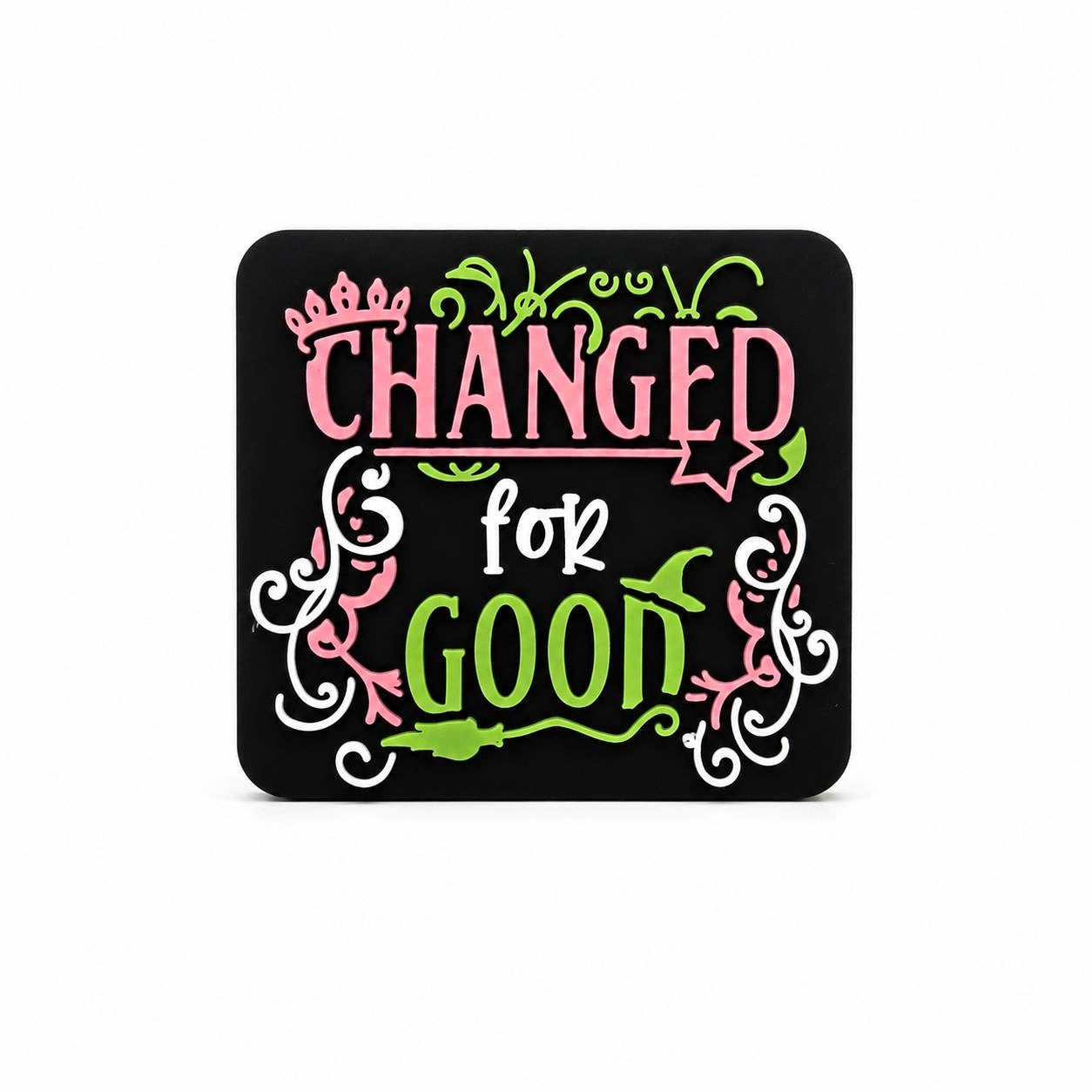 Changed For Good silicone focal bead featuring decorative lettering and magical-inspired accents on a black background.
