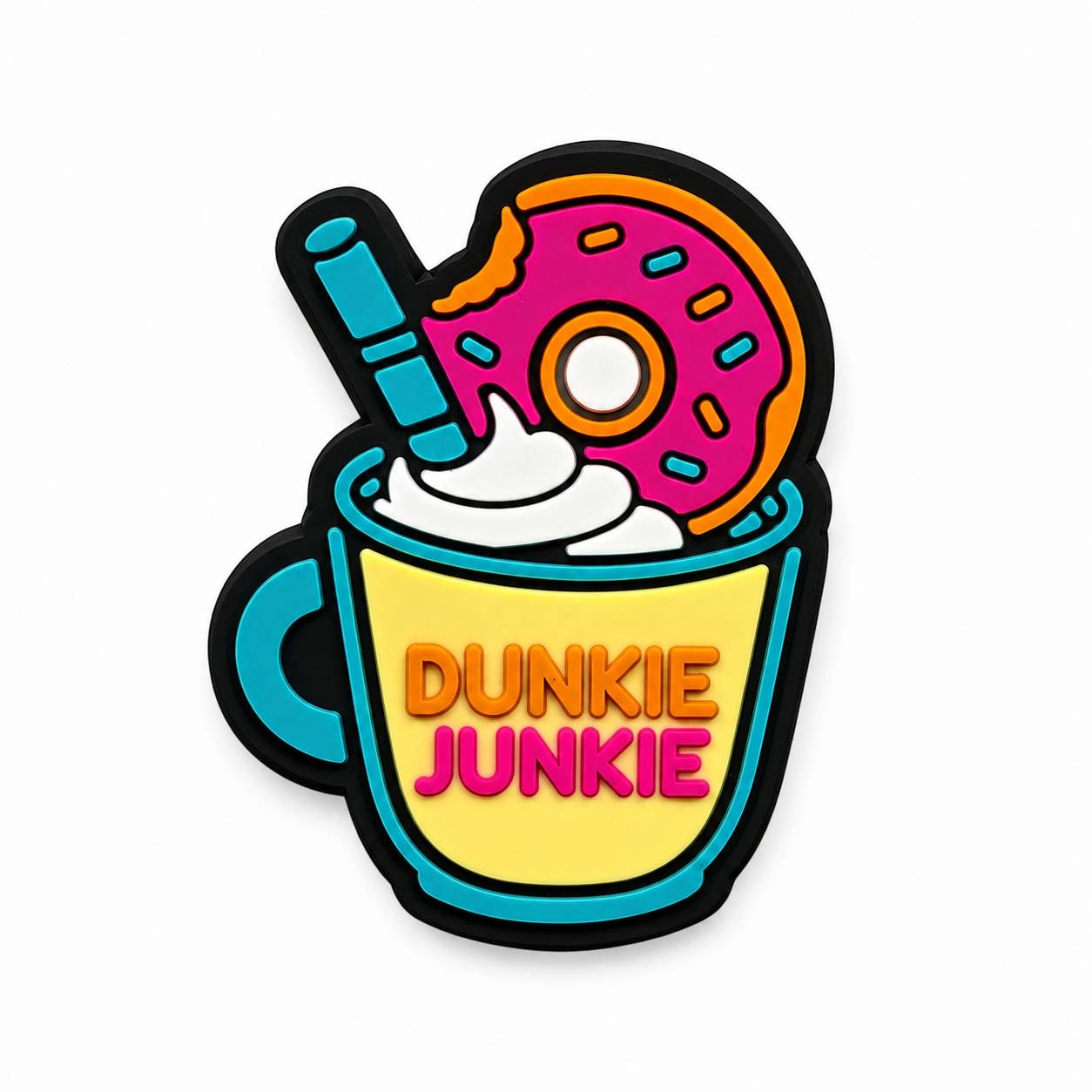 Dunkie Junkie silicone focal bead featuring a coffee cup topped with whipped cream, donut and straw.