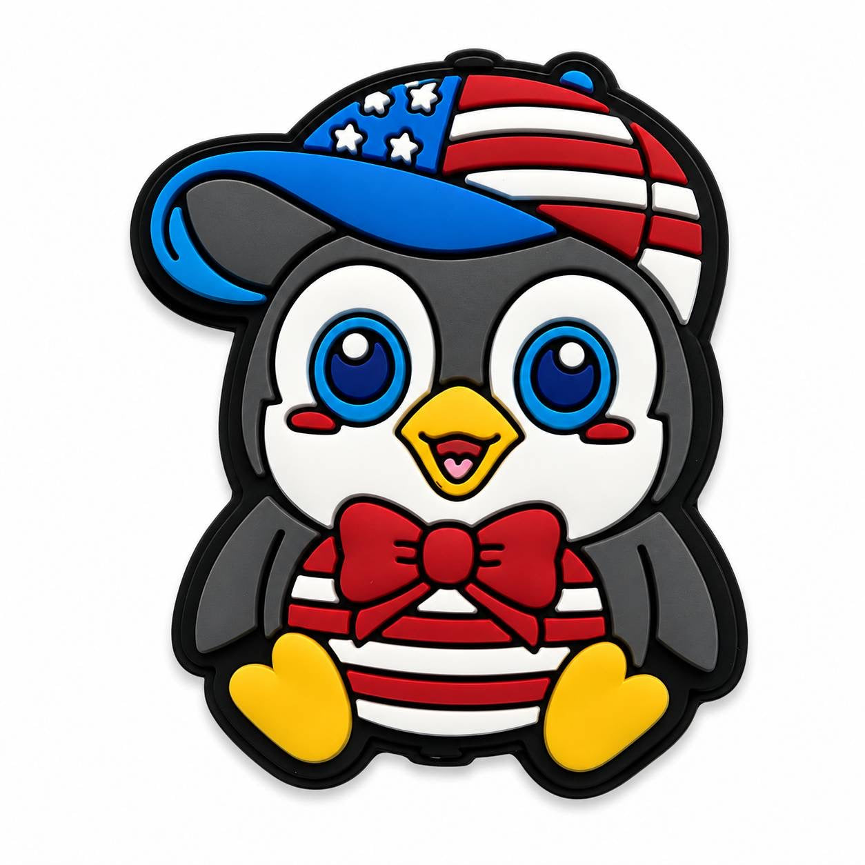 Cute patriotic penguin silicone focal bead featuring a red, white and blue hat, bow tie and festive American-inspired design.