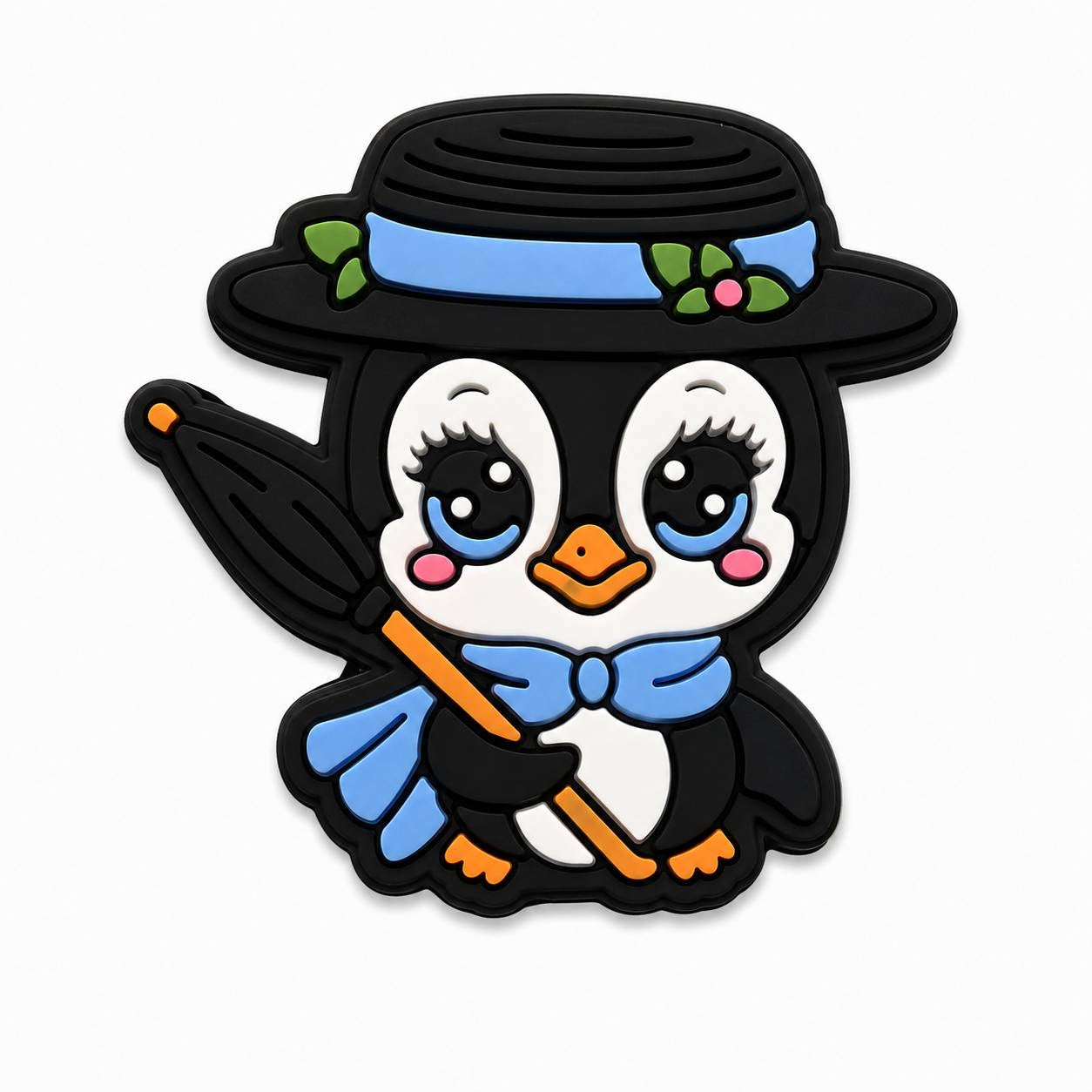 Cute penguin silicone focal bead featuring a blue bow tie, umbrella and classic nanny-inspired hat