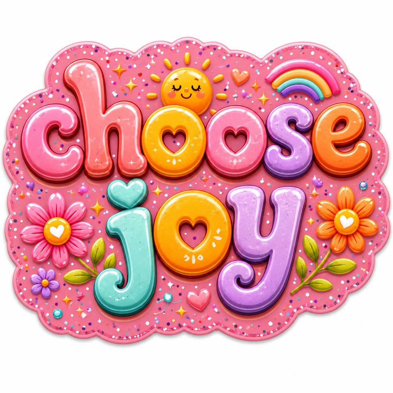 Choose Joy Acrylic Flatback with Colorful Flowers Rainbow Hearts and Sunshine Design