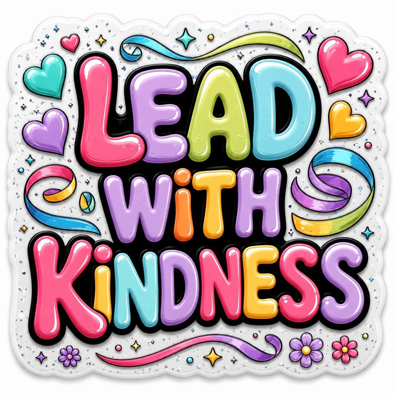 Lead With Kindness Acrylic Flatback with Colorful Pastel Lettering Hearts and Flowers