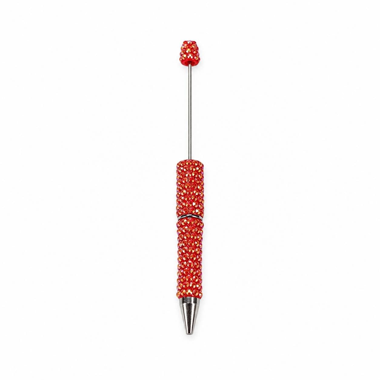 Red rhinestone beadable pen with silver hardware and beadable rod for custom pen making