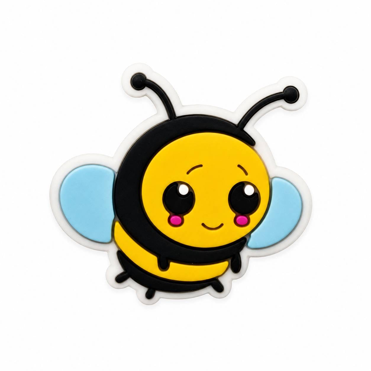Cute bumble bee silicone focal bead with blue wings, rosy cheeks, and smiling face