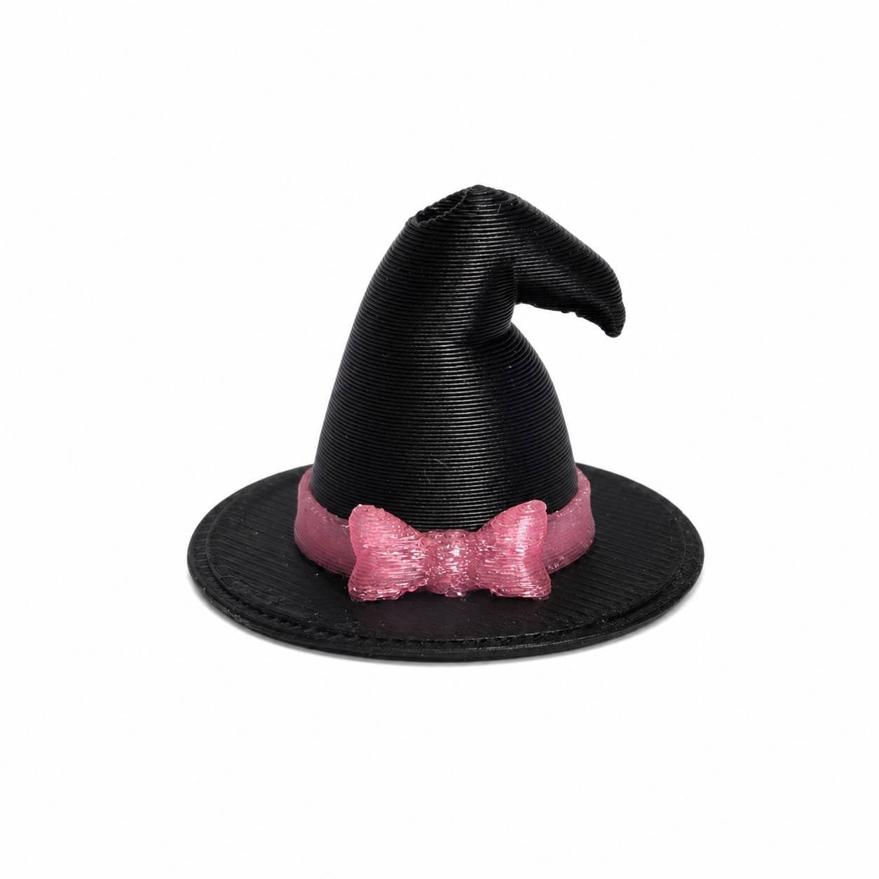 Black 3D printed witch hat with pink bow by Bailey's Beads for decorating Pen Palz, beads, badge reels, and Halloween crafts.
