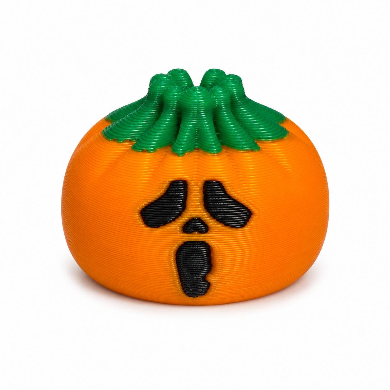 Screamplin' Pen Palz ghostly pumpkin-inspired 3D printed bead by Bailey's Beads featuring an orange pumpkin dumpling with a spooky face and green stem.