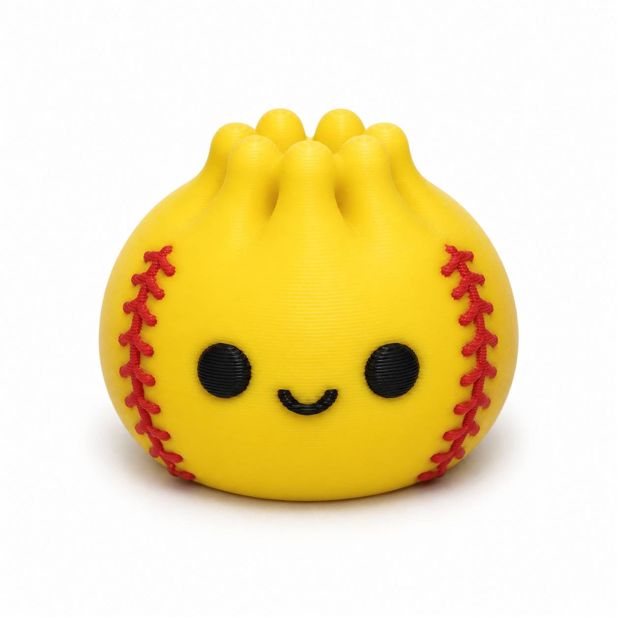 Yellow Sunny Dumpling Pen Palz 3D printed softball-inspired bead with classic red stitching and a kawaii smile by Bailey's Beads for beadable pens, keychains, badge reels, and DIY crafts.