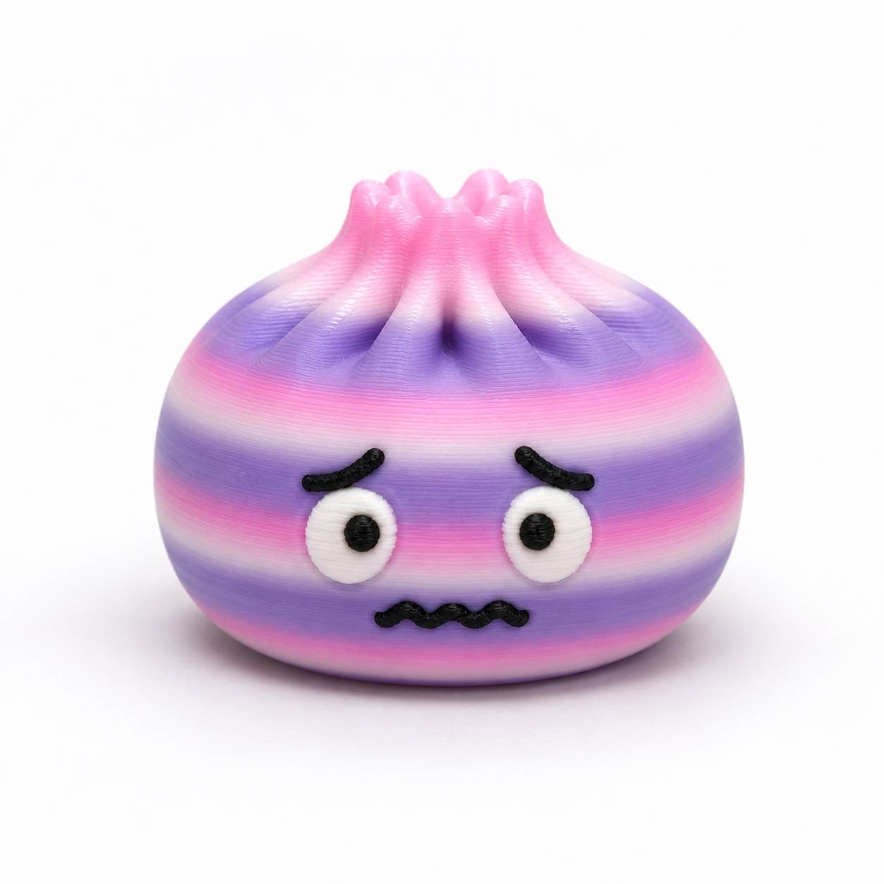 Pastel pink, purple, and white Anxiety Dumpling Pen Palz 3D printed bead with worried eyes, raised eyebrows, and a nervous expression.