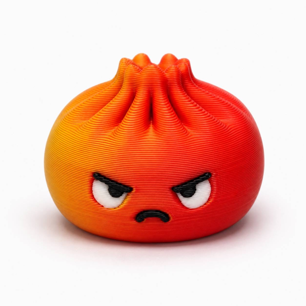 Orange and red Angry Dumpling Pen Palz 3D printed bead with a kawaii frowning face, furrowed brows, and a grumpy expression.