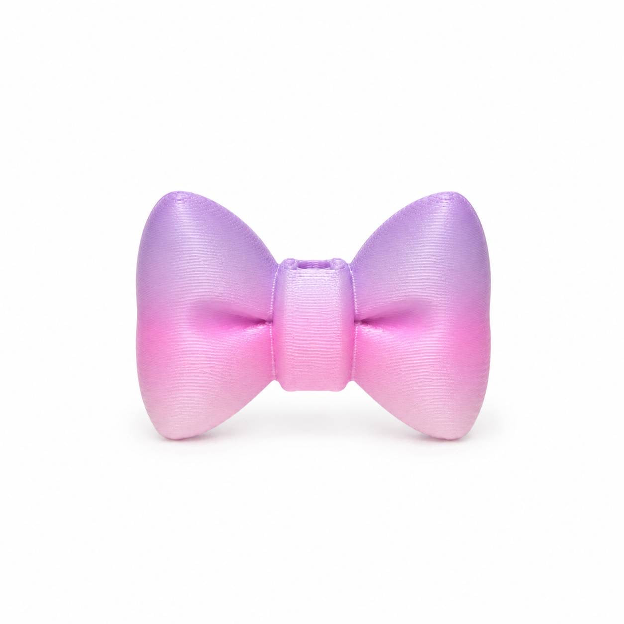 Pastel pink and lavender Cotton Candy Bow 3D printed bead with a smooth rounded design for beadable pens, keychains, badge reels, and DIY crafts.