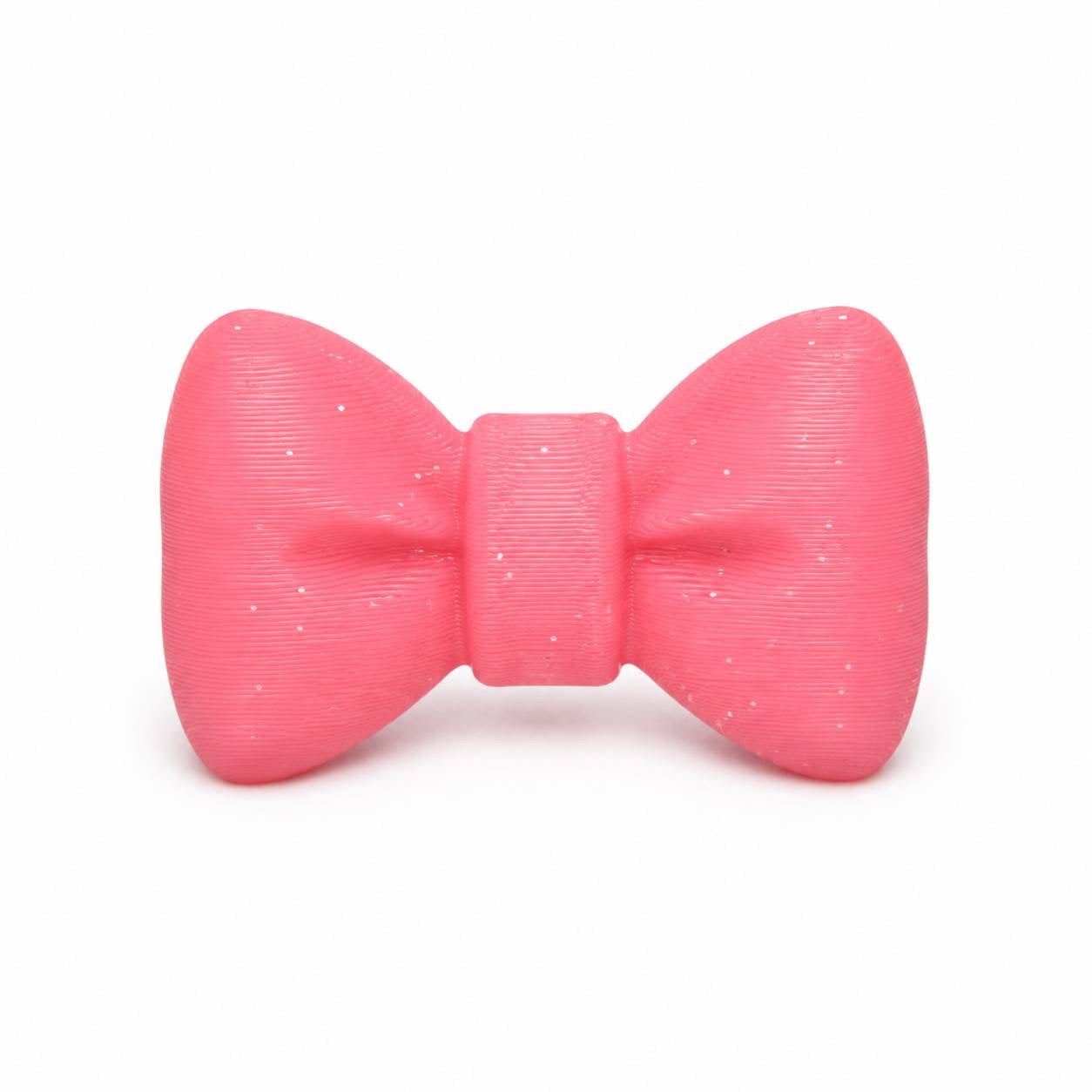 Pink Glitter Bow 3D printed bead featuring a smooth rounded bow design with subtle glitter, perfect for beadable pens, keychains, badge reels, and DIY crafts.