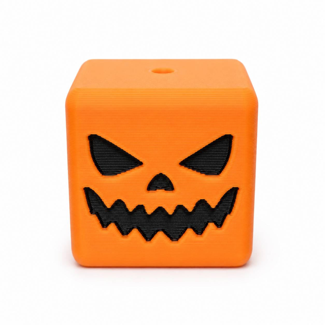 Pumpkin Rage orange cube 3D printed Halloween bead with black jack-o-lantern face