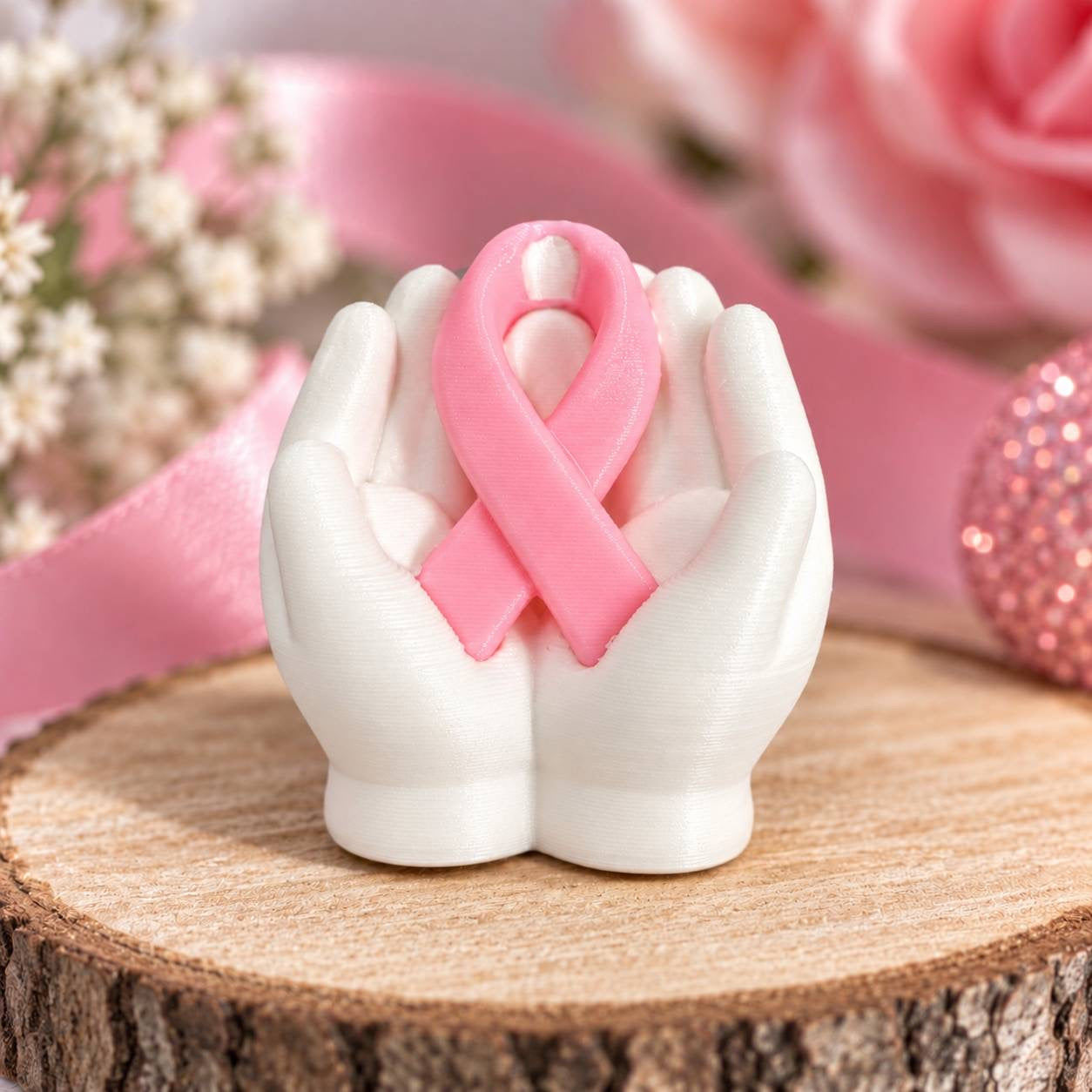Held in Hope 3D printed bead with white hands holding a pink awareness ribbon