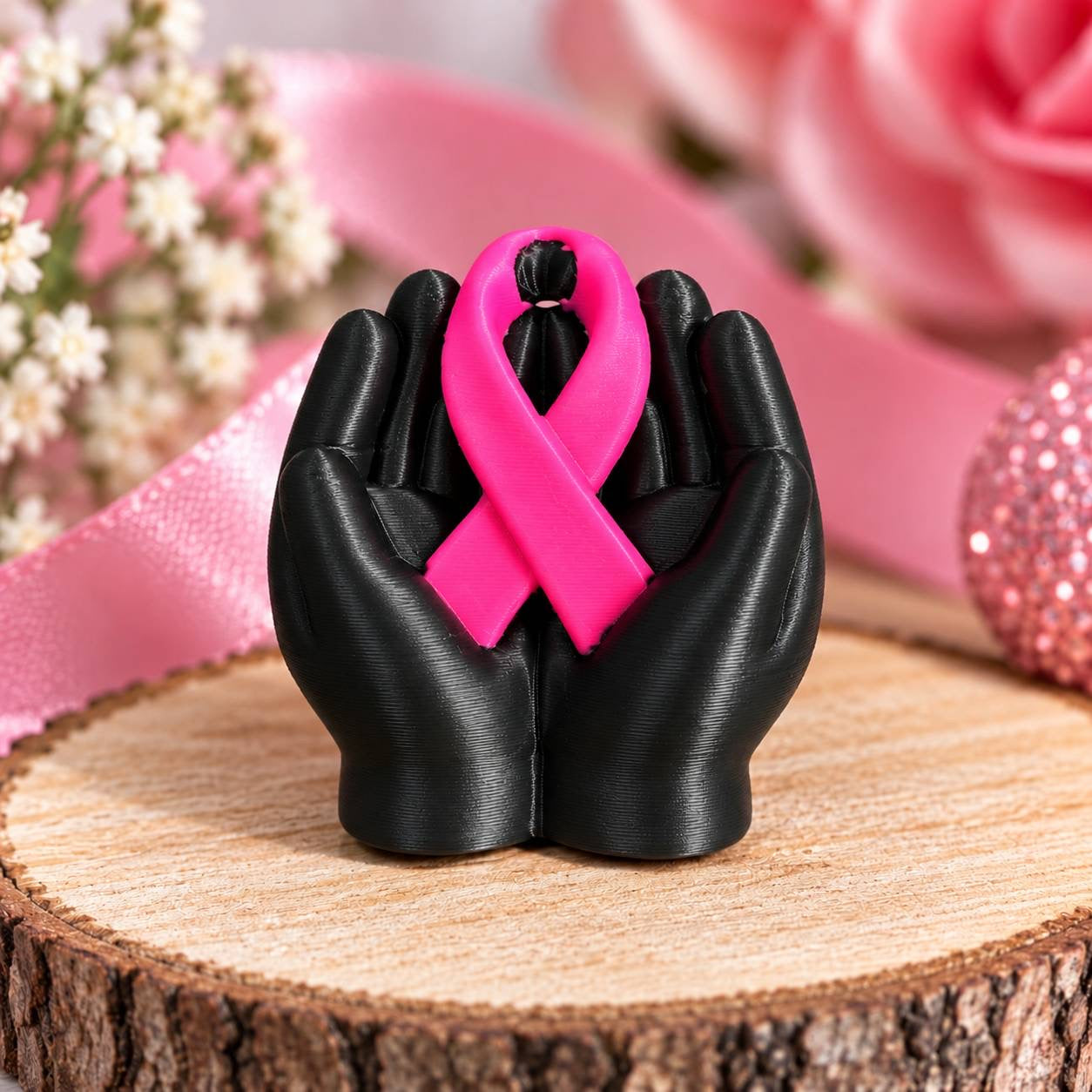 Strength in Our Hands 3D printed bead with black hands holding a bright pink awareness ribbon