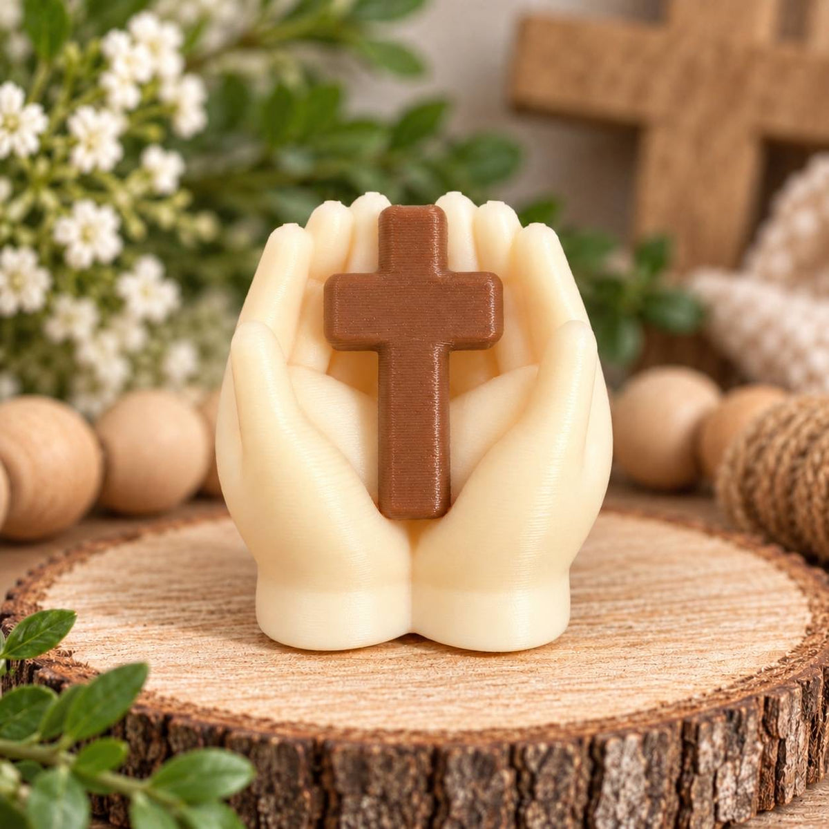 Held by Faith 3D printed bead featuring supportive hands holding a brown cross