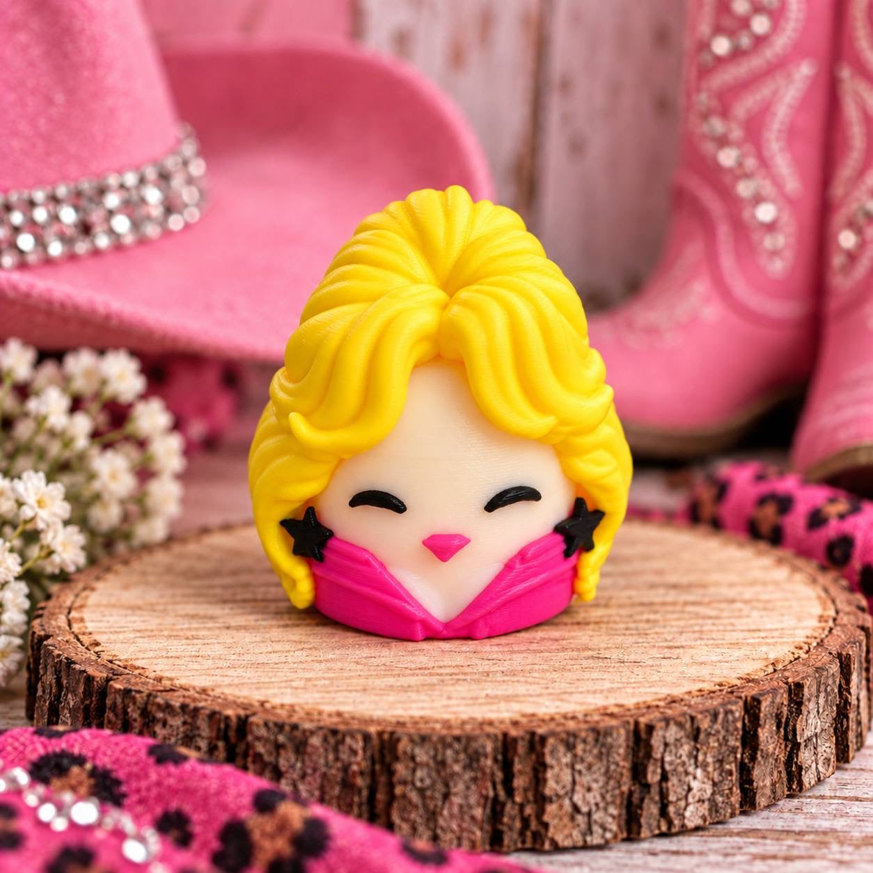 Pink Rhinestone Queen blonde country glam 3D printed dumpling bead with bright pink and black details