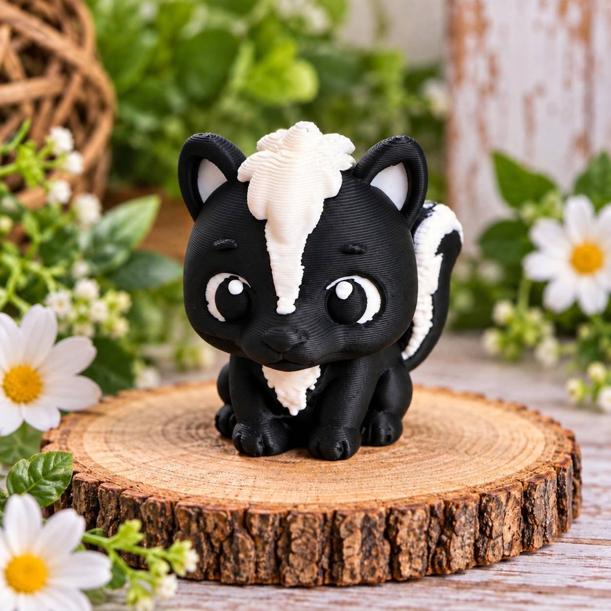 Stinkin’ Cute black and white skunk 3D printed bead with large cartoon eyes and curled tail