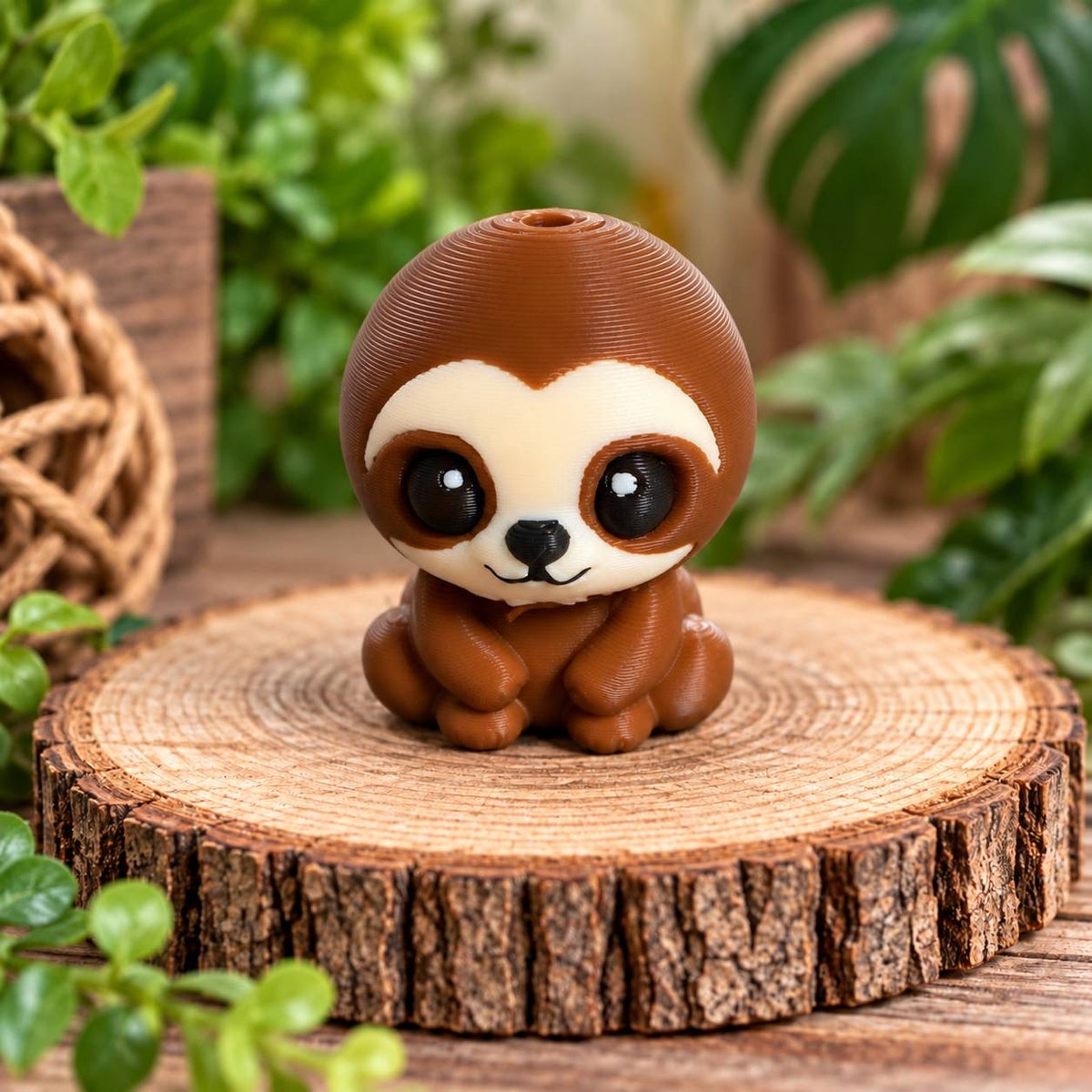 Slow & Sweet brown and cream sloth 3D printed bead with large eyes and cute smiling face