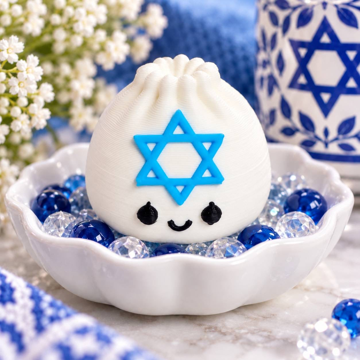 Shalompling white Hanukkah 3D printed dumpling bead with blue Star of David and cute black face