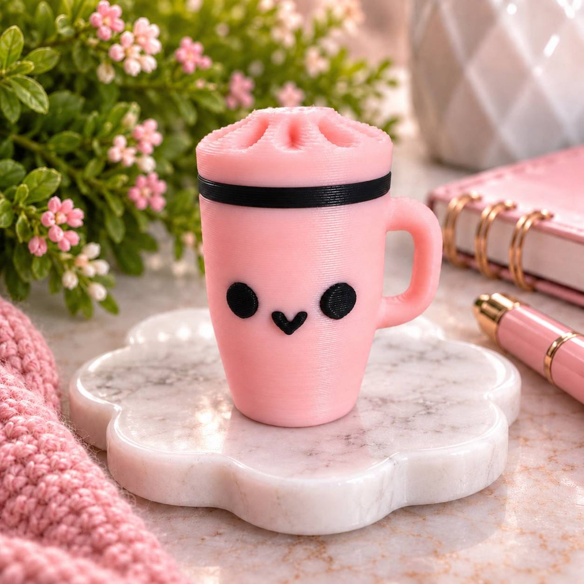 Pink Sips soft pink tumbler-style 3D printed bead with handle, black accent band and cute smiling face